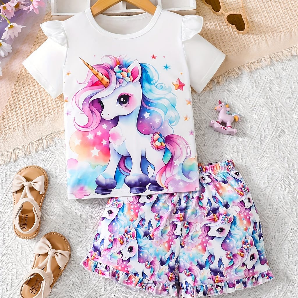 Fashion 2-piece Unicorn Graphic Ruffle T-shirt Top + Shorts Girl’s Set, Girls Summer Outdoor Clothes Clothing Shop Online at Dubai Trades 2