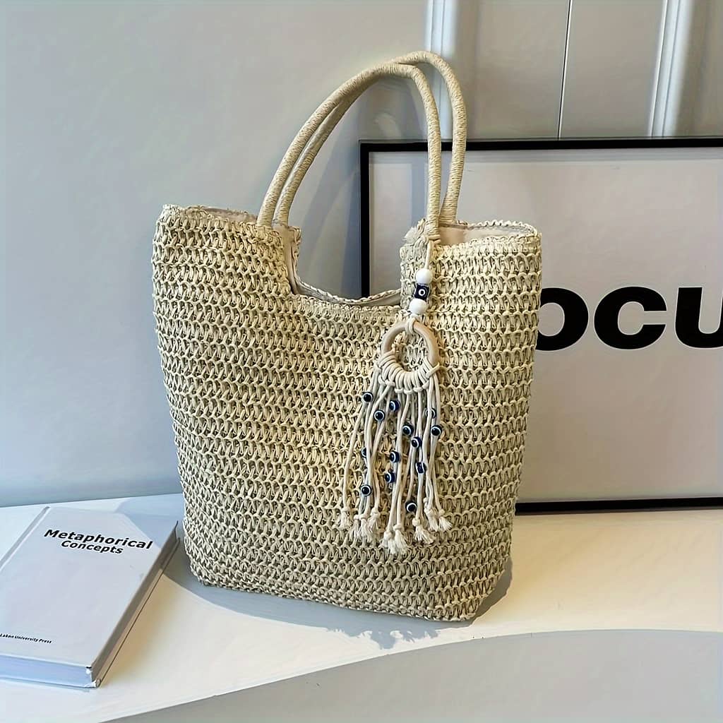 Fashionable – Woven Bag, Large Tote Bag, Shoulder Bag With Eye Tassel, For Beach, Travel, And Gifts Clothing, Shoes & Jewelry Shop Online at Dubai Trades 2