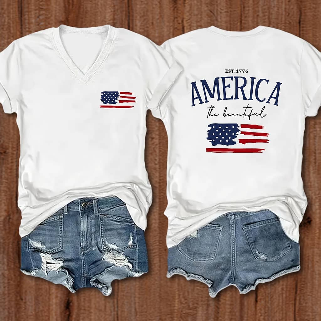Flag Print Crew Neck T-shirt, Casual Short Sleeve T-shirt For , Women’s Clothing Clothing Shop Online at Dubai Trades 2