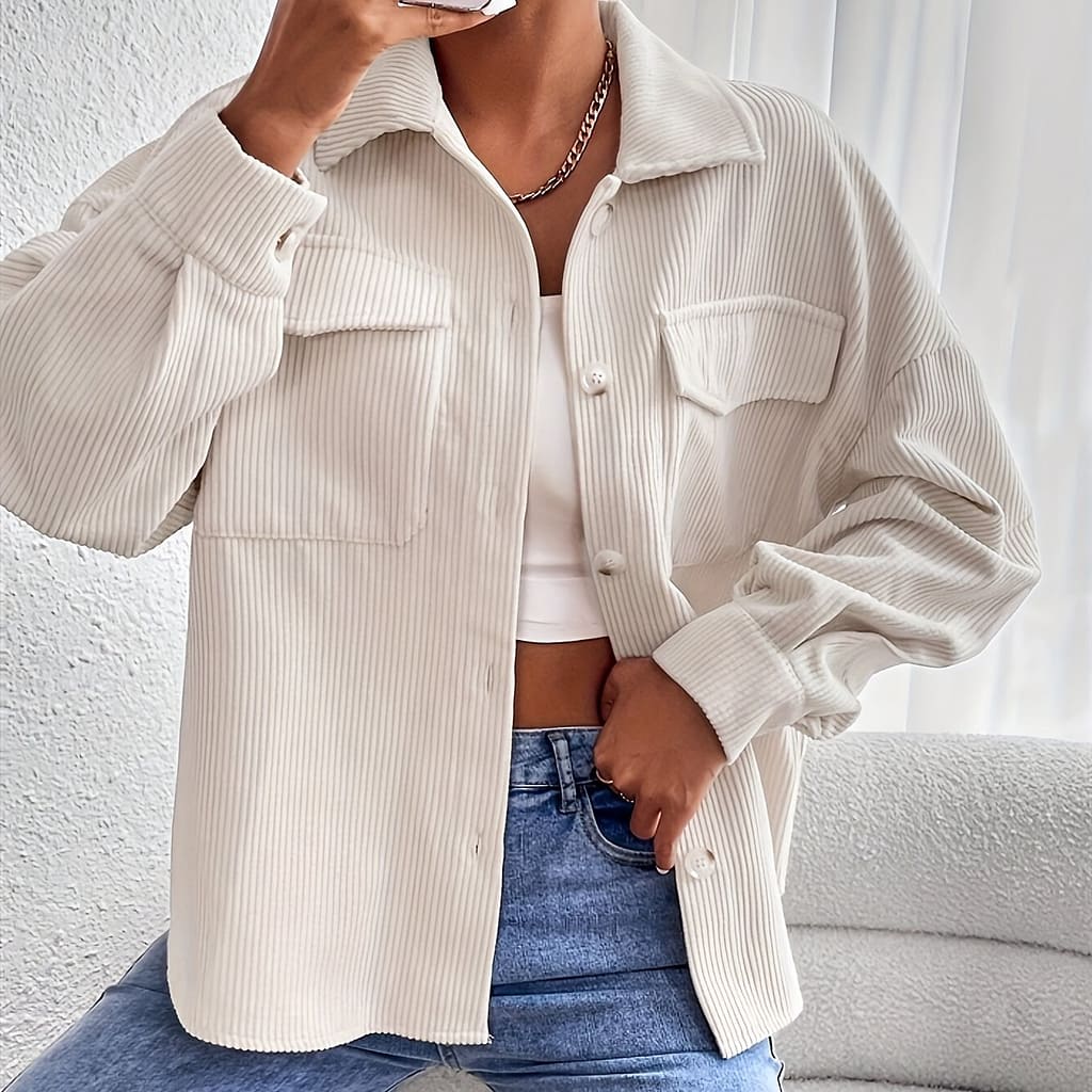 Flap Pockets Single Breasted Jacket, Versatile Drop Shoulder Long Sleeve Jacket For Spring & Fall, Women’s Clothing Casual Jackets Shop Online at Dubai Trades 2