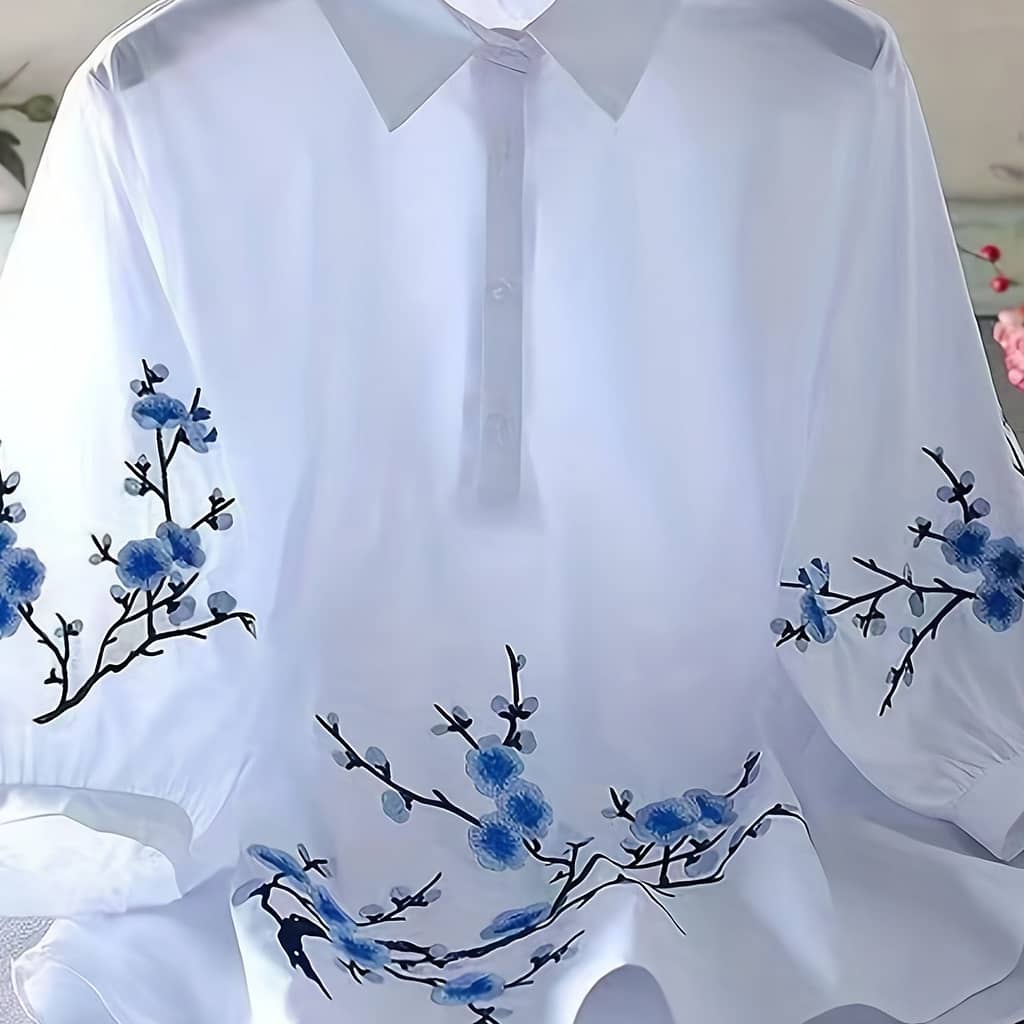 Floral Embroidered Blouse, Elegant Buttons Ruched Blouse With A Collar, Women’s Clothing Blouses Shop Online at Dubai Trades 2