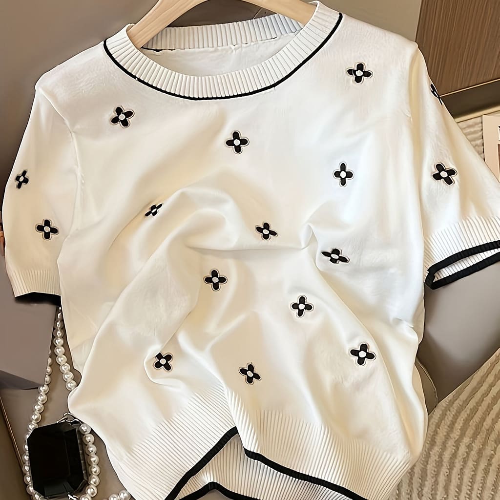 Floral Embroidered Crew Neck Pullover Sweater, Casual Short Sleeve Knitted Sweater For , Women’s Clothing Clothing Shop Online at Dubai Trades 2