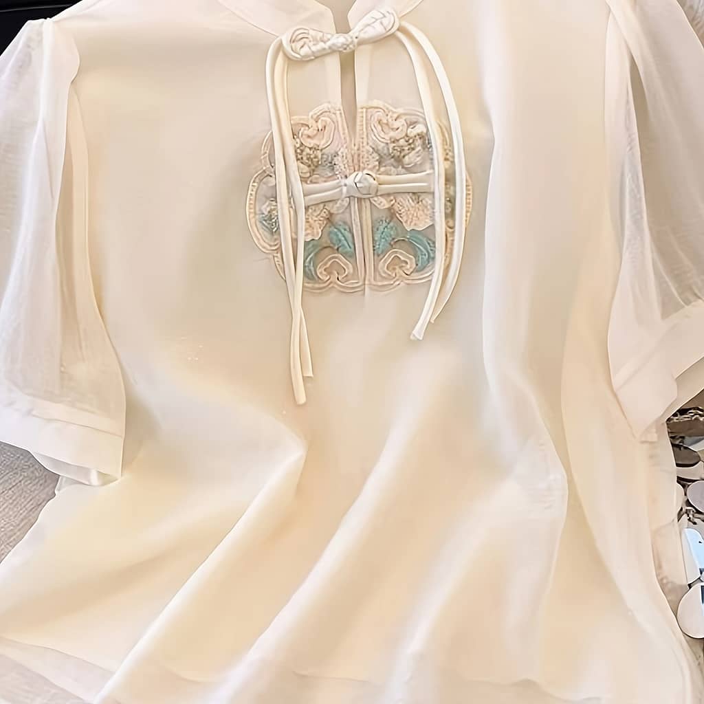 Floral Embroidered Frog Button Blouse, Elegant Short Sleeve Collar Contrast Mesh Blouse, Women’s Clothing Blouses Shop Online at Dubai Trades 2
