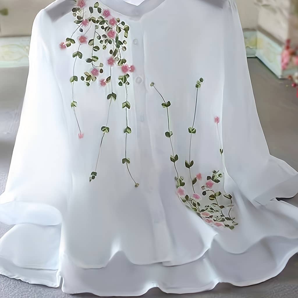 Floral Embroidery Button Front Blouse, Casual 3/4 Sleeve Chiffon Blouse For , Women’s Clothing Blouses Shop Online at Dubai Trades 2