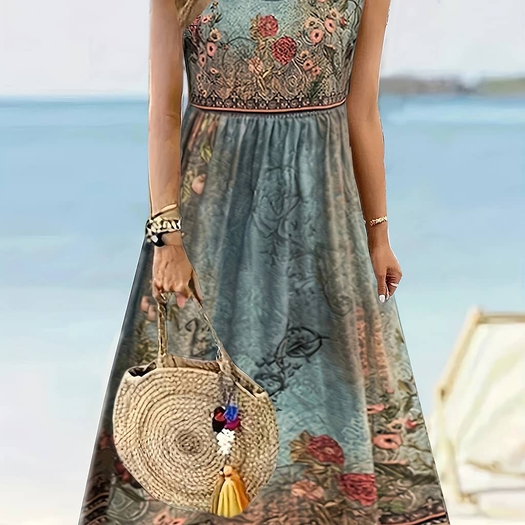 Floral Neck A-line Dress, Casual Sleeveless Dress For , Women’s Clothing Clothing Shop Online at Dubai Trades 2