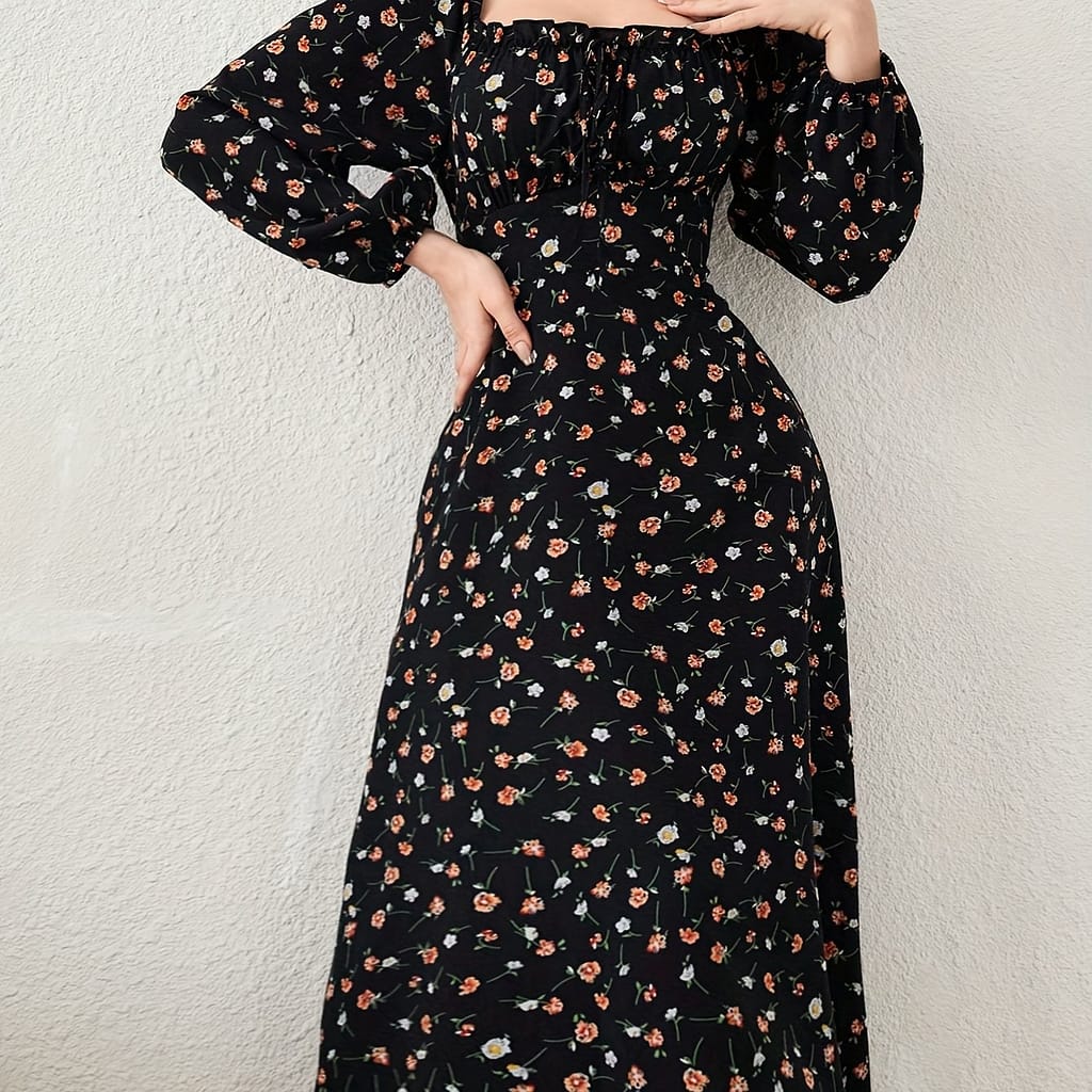 Floral Neck A-line Dress, Elegant Long Sleeve Dress For Spring & Fall, Women’s Clothing Clothing Shop Online at Dubai Trades 2