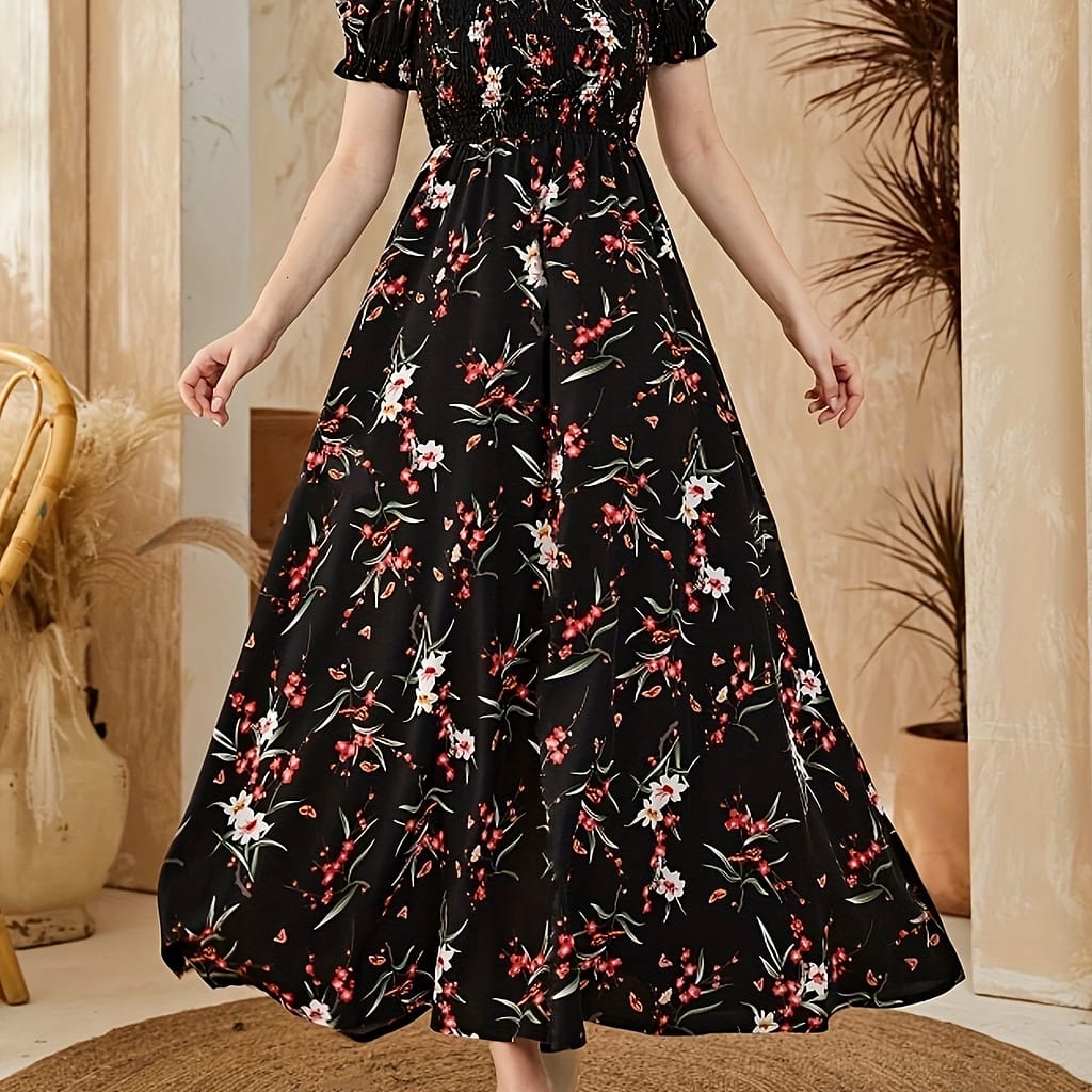 Floral Neck A-line Dress, Elegant Short Sleeve Dress For , Women’s Clothing Clothing Shop Online at Dubai Trades 2