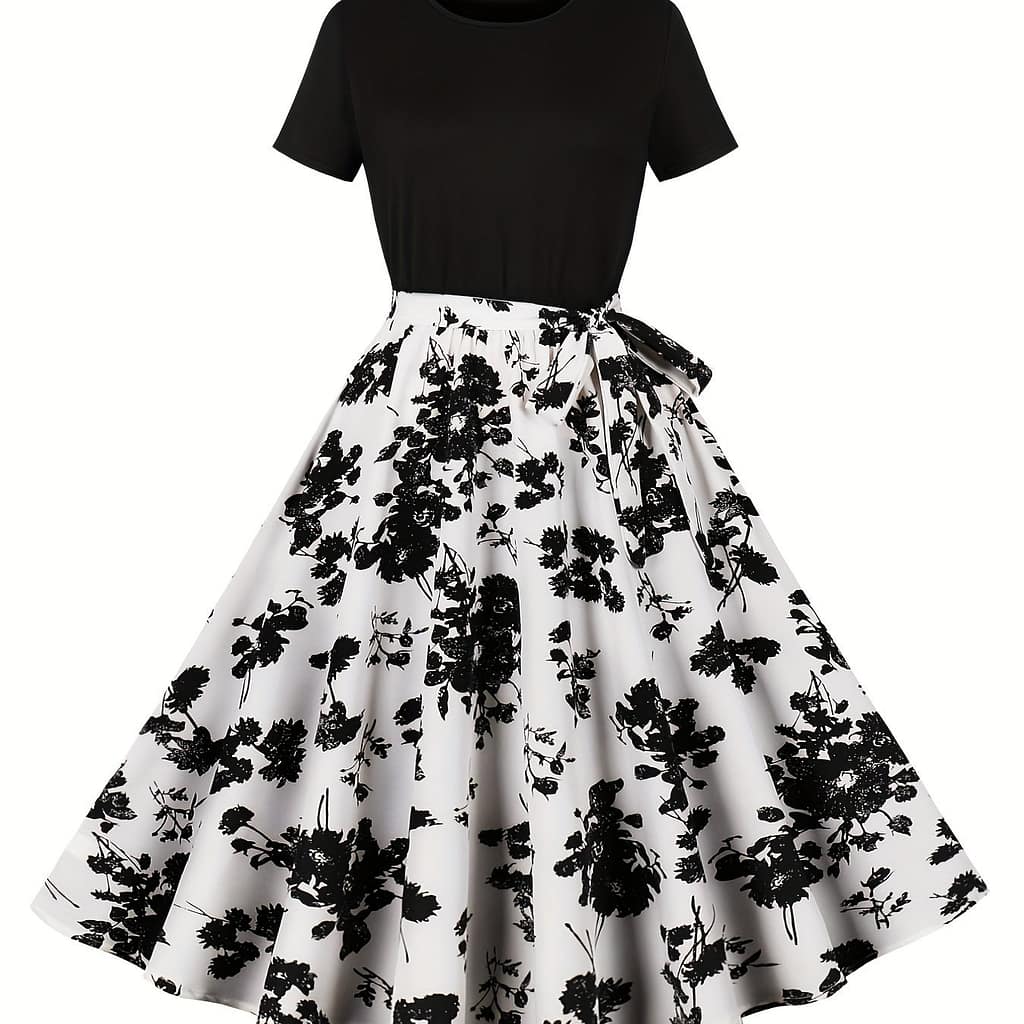 Floral Neck Dress, Elegant Short Sleeve Belted Dress For , Women’s Clothing Clothing Shop Online at Dubai Trades 2