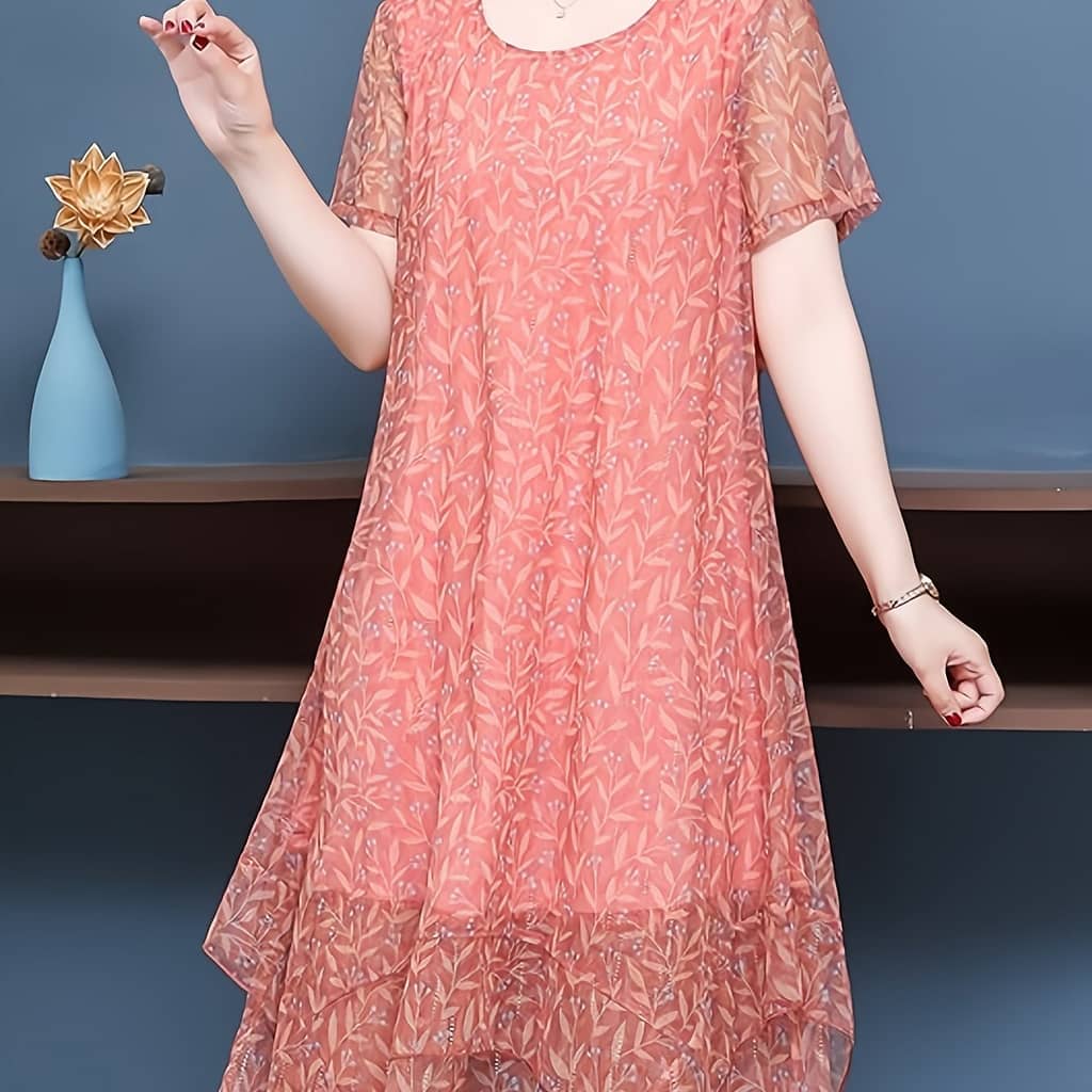 Floral Neck , Elegant Short Sleeve Irregular Hem Dress For , Women’s Clothing Clothing Shop Online at Dubai Trades 2