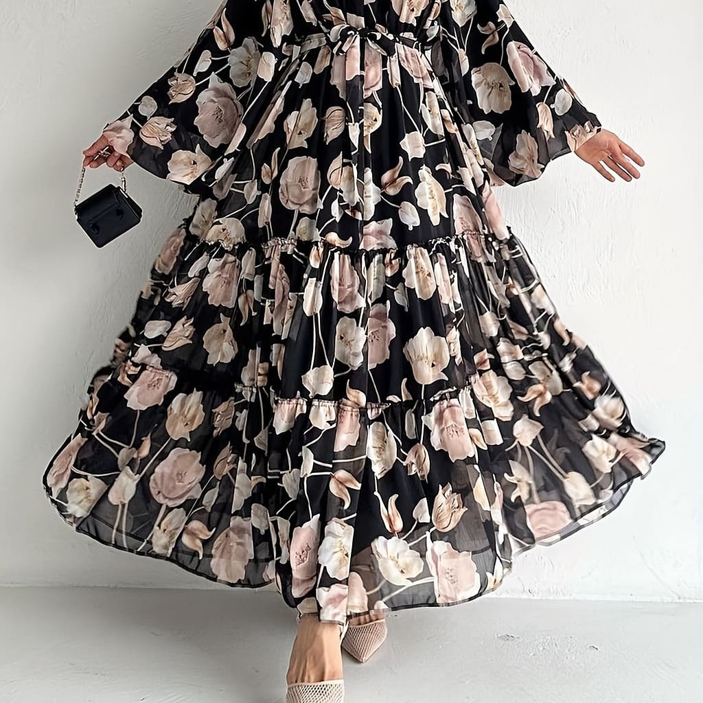 Floral Neck Kaftan Dress, Elegant Long Sleeve Belted Maxi Dress, Women’s Clothing Abayas Shop Online at Dubai Trades 2