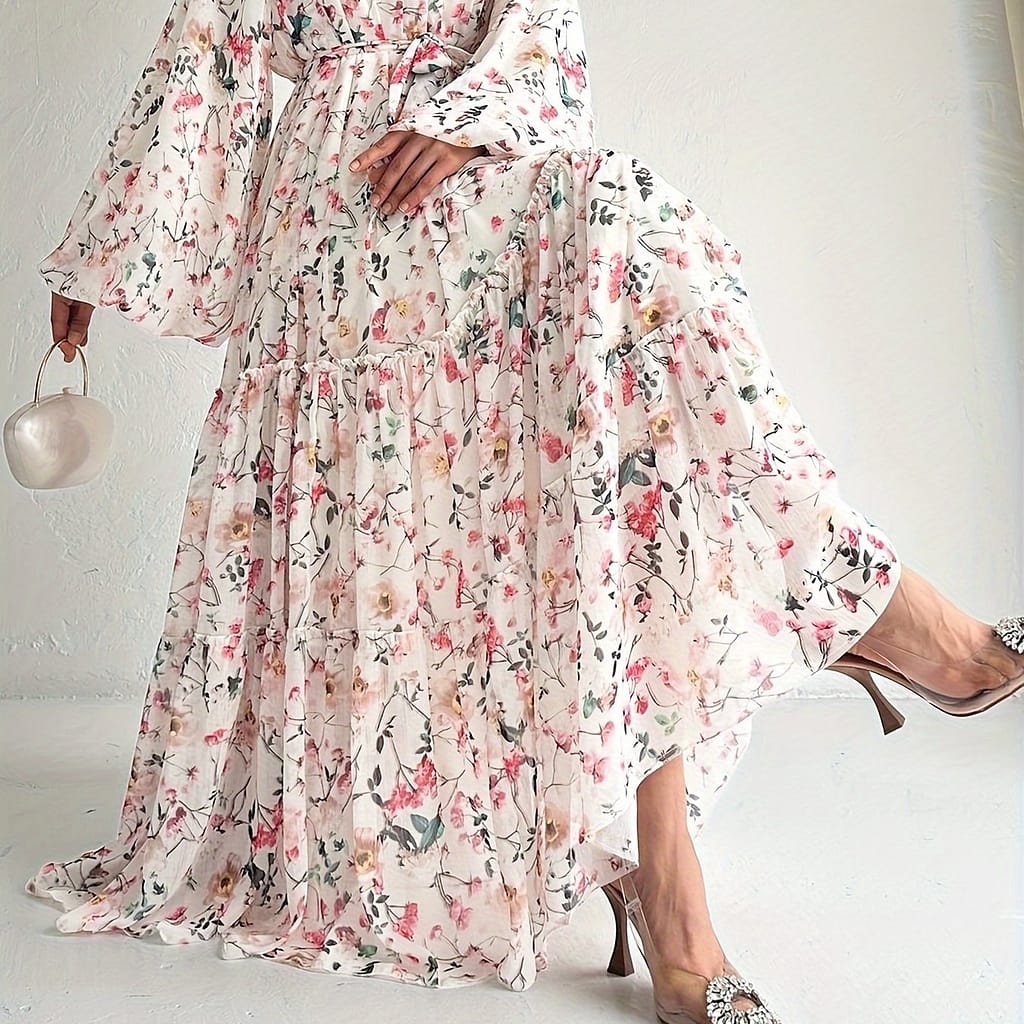Floral Neck Kaftan Dress, Elegant Long Sleeve Maxi Dress, Women’s Clothing Abayas Shop Online at Dubai Trades 2
