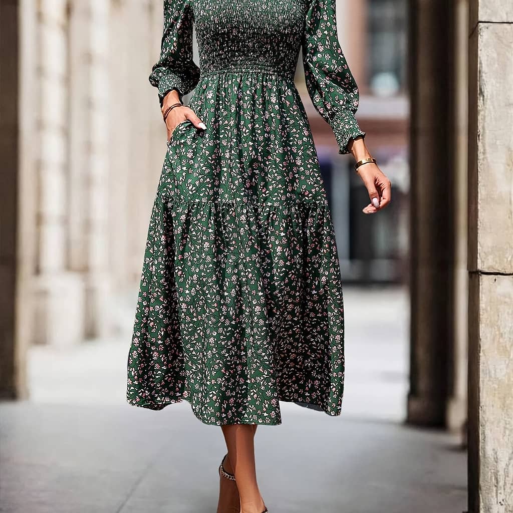 Floral Neck Shirred Bust Dress, Long Sleeve A-line Midi Dress For Spring & Fall, Women’s Clothing Clothing Shop Online at Dubai Trades 2