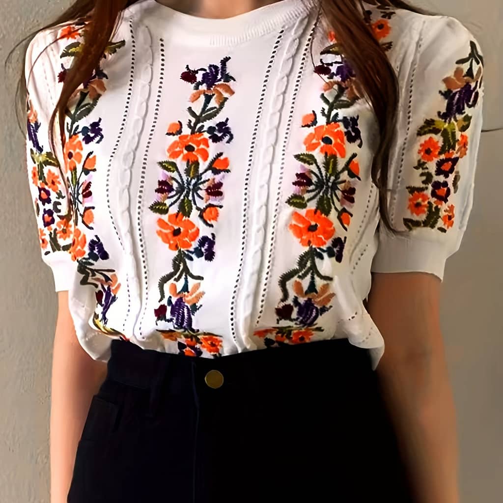 Floral Pattern Crew Neck Knitted Top, Vacation Short Sleeve Top For , Women’s Clothing Clothing Shop Online at Dubai Trades 2