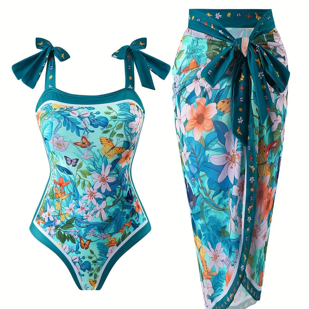 Floral & Print 2 Piece Swimsuits, Bow Tie Shoulder Straps One-piece Bathing-suit & Cover Up Skirt, Women’s Swimwear & Clothing Clothing Shop Online at Dubai Trades 2