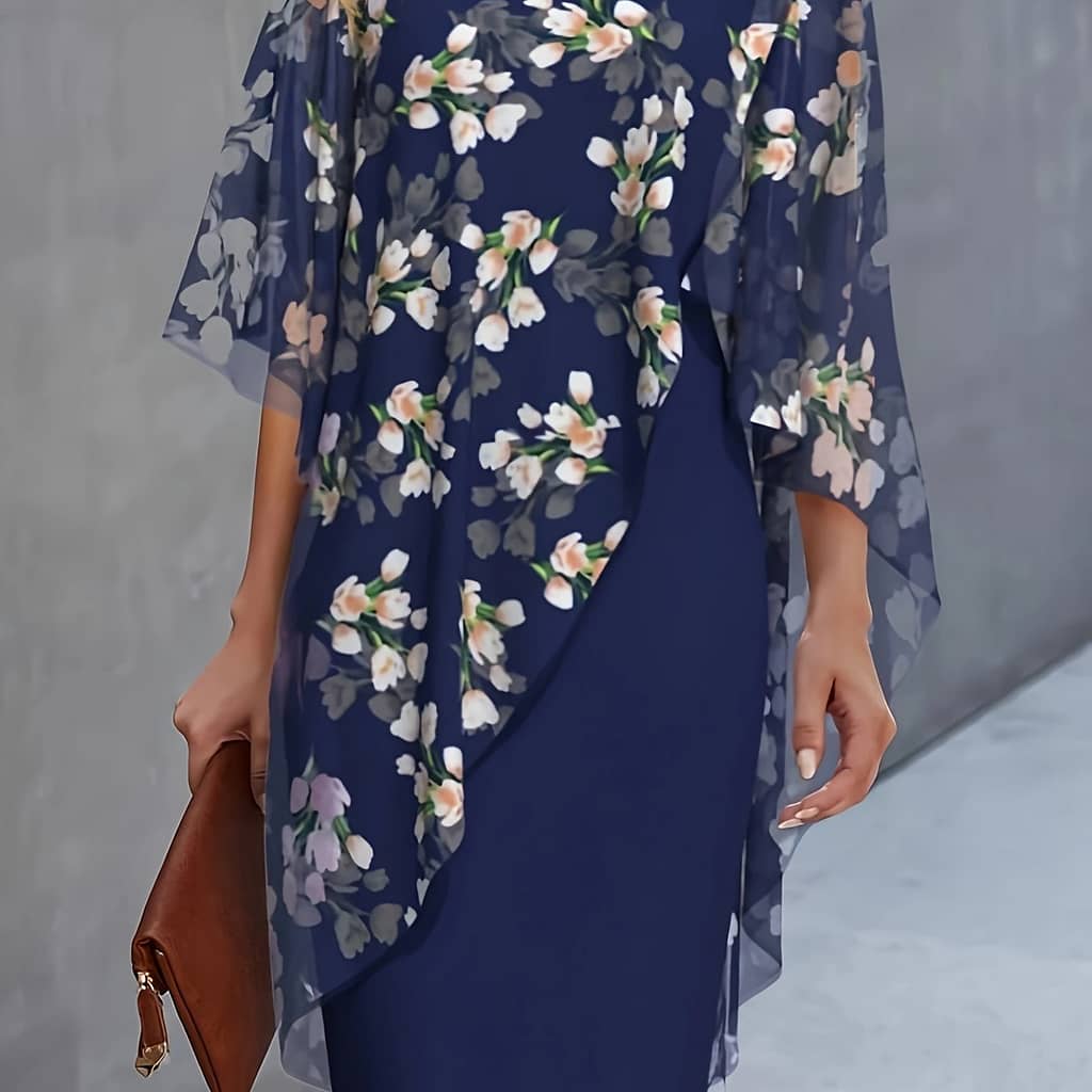 Floral Print 2in 1 Dress, Elegant Short Sleeve Crew Neck Midi Dress For , Women’s Clothing, , Solid Color, Long Clothing Shop Online at Dubai Trades 2