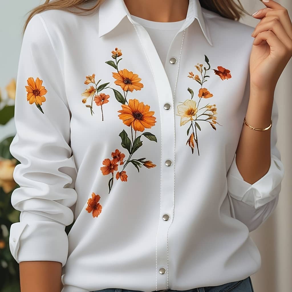 Floral Print Button Front Blouse, Vintage Long Sleeve Blouse For Spring & Fall, Women’s Clothing Blouses Shop Online at Dubai Trades 2