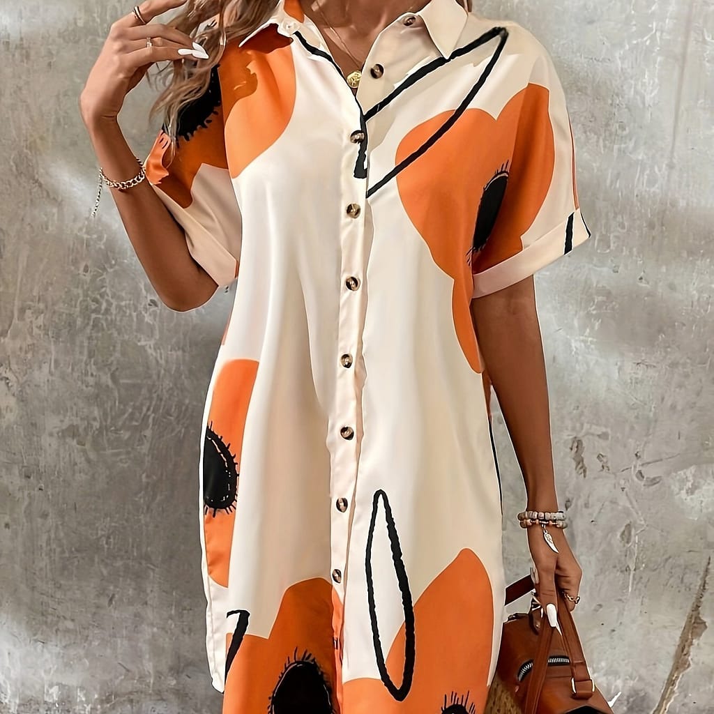 Floral Print Button Front Shirt , Elegant Short Sleeve Loose Fit Dress For , Women’s Clothing Clothing Shop Online at Dubai Trades 2