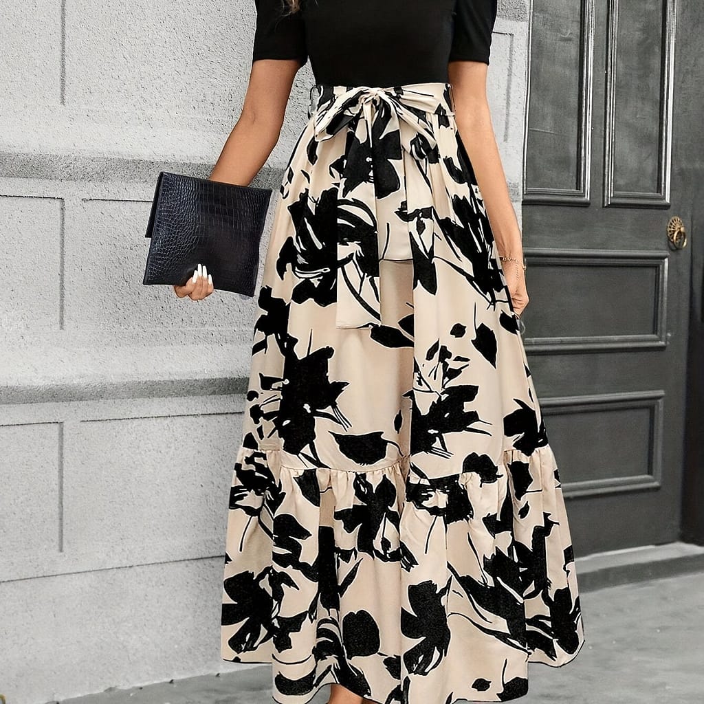 Floral Print Crew Neck A-line Dress, Elegant Short Sleeve Tie Waist Ankle Length Dress For , Women’s Clothing Clothing Shop Online at Dubai Trades 2