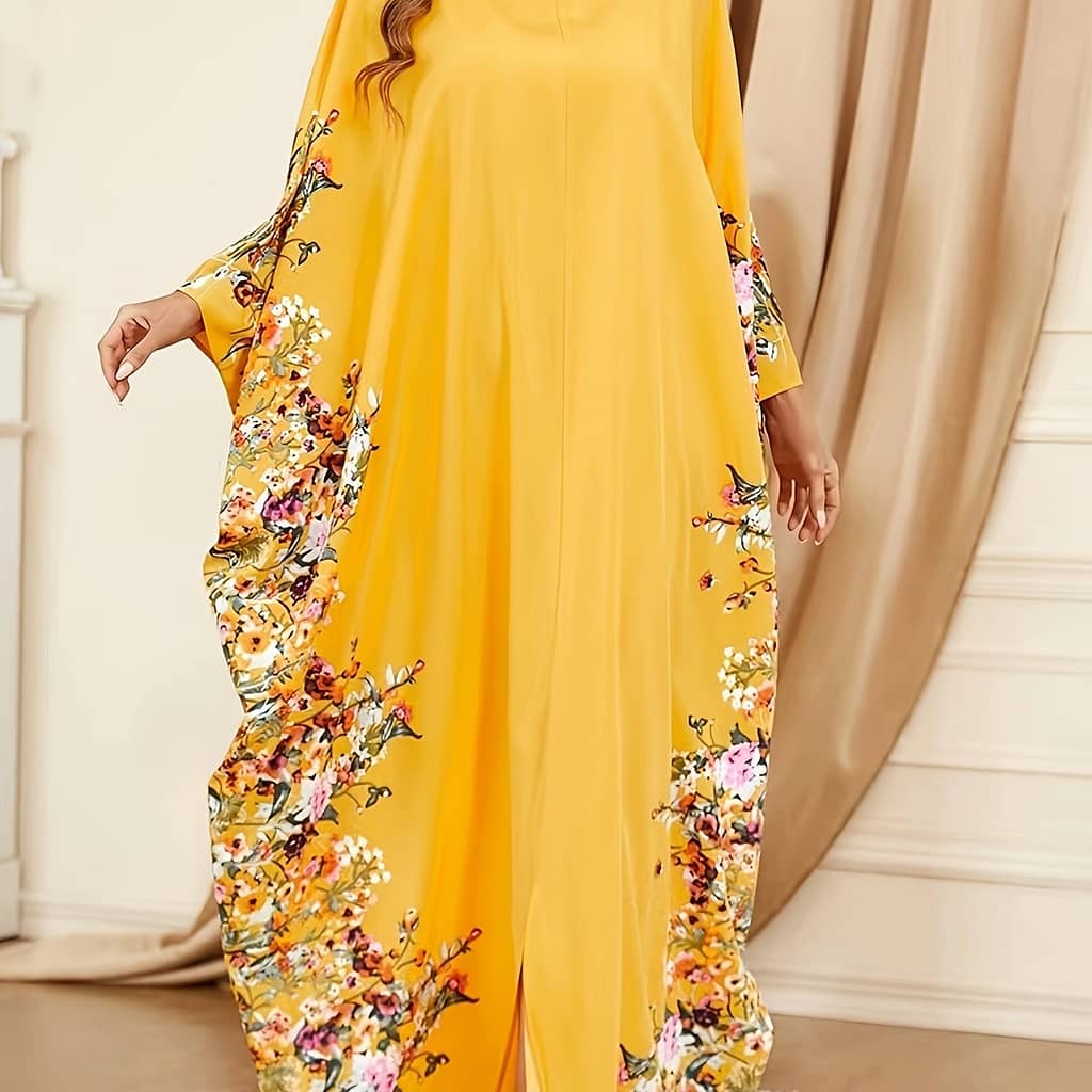 Floral Print Crew Neck Kaftan Abaya, Elegant Batwing Sleeve Split Maxi Dress, Women’s Clothing Abayas Shop Online at Dubai Trades 2