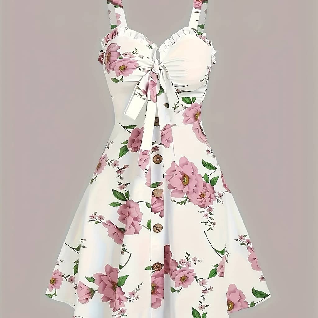 Floral Print Knotted Front Flared Dress, Elegant Sleeveless V Neck Cami Dress For , Women’s Clothing Clothing Shop Online at Dubai Trades 2