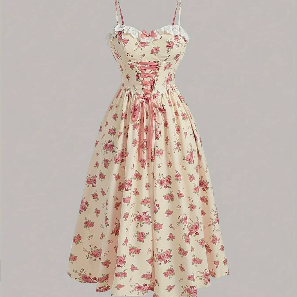Floral Print Lace Trim Spaghetti Strap Dress, Elegant Tie Waist Sleeveless Cami Dress For , Women’s Clothing Clothing Shop Online at Dubai Trades 2