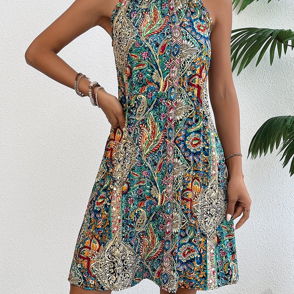 Floral Print Pleated Dress, Elegant Sleeveless Dress For Summer, Women’s Clothing Clothing Shop Online at Dubai Trades 2