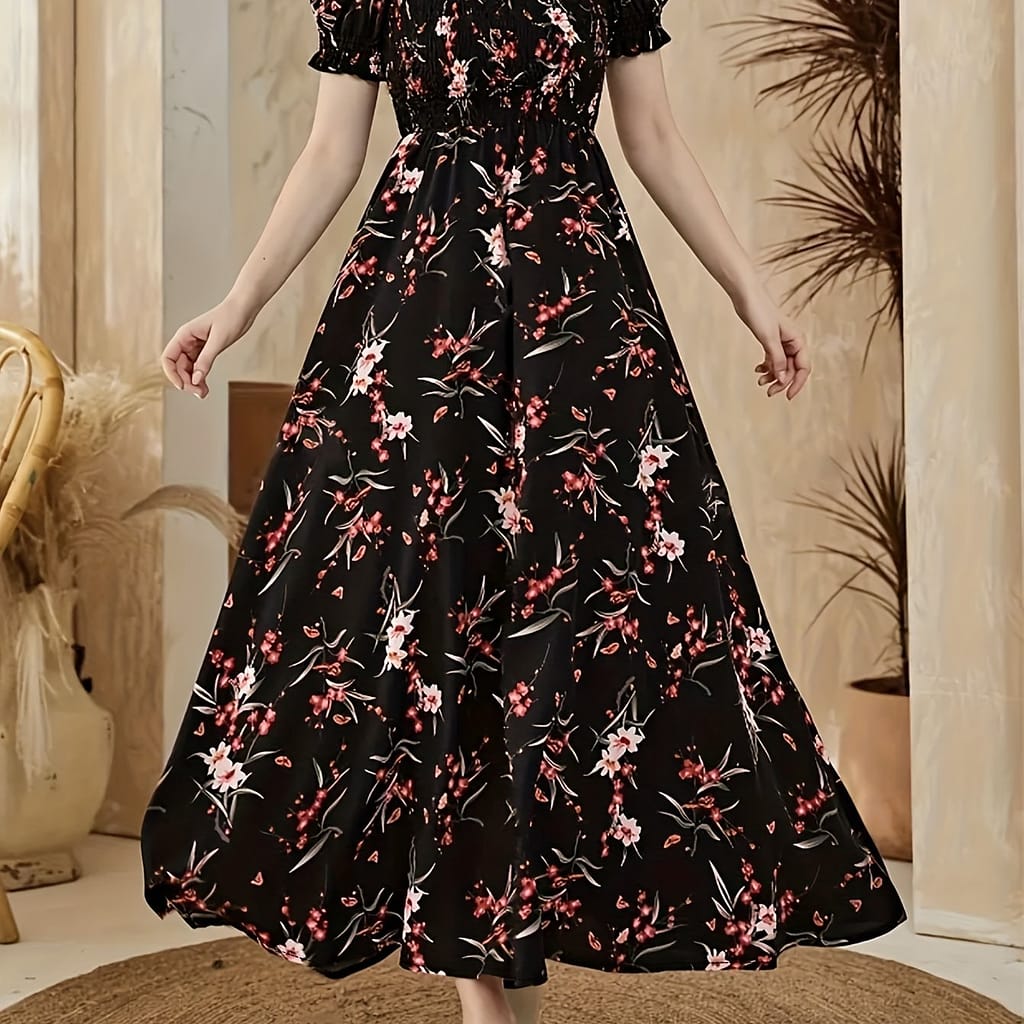 Floral Print Puff Sleeve Dress, Elegant Shirred Square Neck Ankle Length Dress For Summer & Spring, Women’s Clothing Clothing Shop Online at Dubai Trades 2