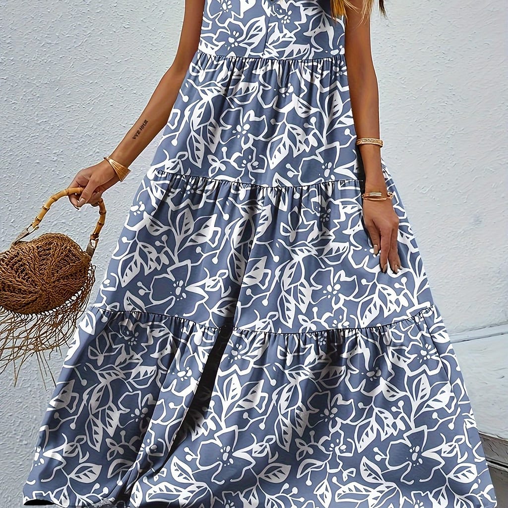 Floral Print Ruffle Hem Loose Dress, Vacation Sleeveless V Neck Dress For , Women’s Clothing Clothing Shop Online at Dubai Trades 2