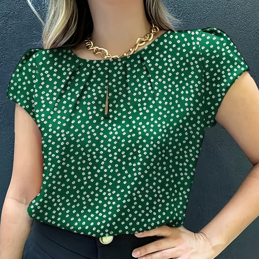 Floral Print Short Sleeve Blouse, Casual Crew Neck Keyhole Pleated Blouse For , Women’s Clothing Blouses Shop Online at Dubai Trades 2