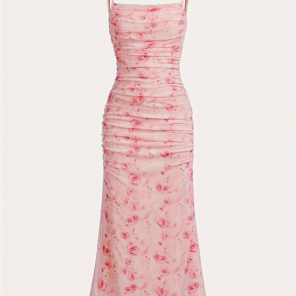 Floral Print Spaghetti Strap Ruched Dress, Elegant Sleeveless Cami Dress For , Women’s Clothing Clothing Shop Online at Dubai Trades 2