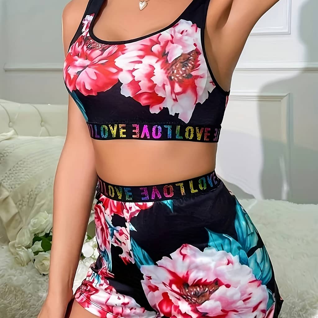 Floral Print Sports Set, U Neck Tank Top & Elastic Waistband Shorts, Women’s Clothing Clothing Shop Online at Dubai Trades 2
