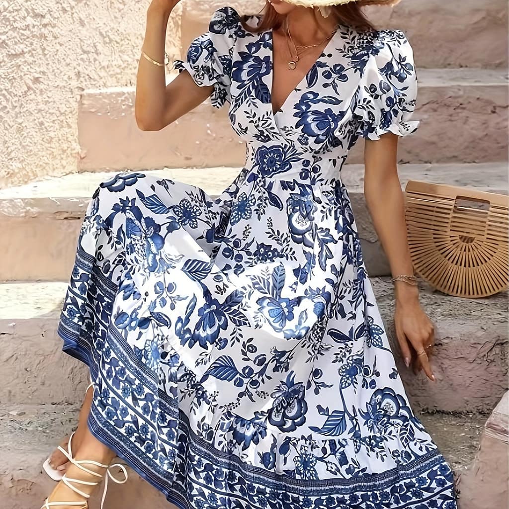 Floral Print Surplice Neck A-line Dress, Elegant Short Sleeve Dress For , Women’s Clothing Clothing Shop Online at Dubai Trades 2
