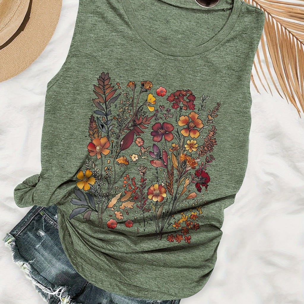 Floral Print Tank Top, Sleeveless Casual Top For Summer & Spring, Women’s Clothing Clothing Shop Online at Dubai Trades 2