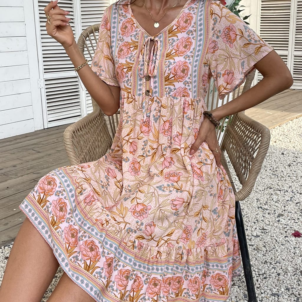 Floral Print Tie Back Loose Dress, Elegant Short Sleeve Dress For , Women’s Clothing Clothing Shop Online at Dubai Trades 2