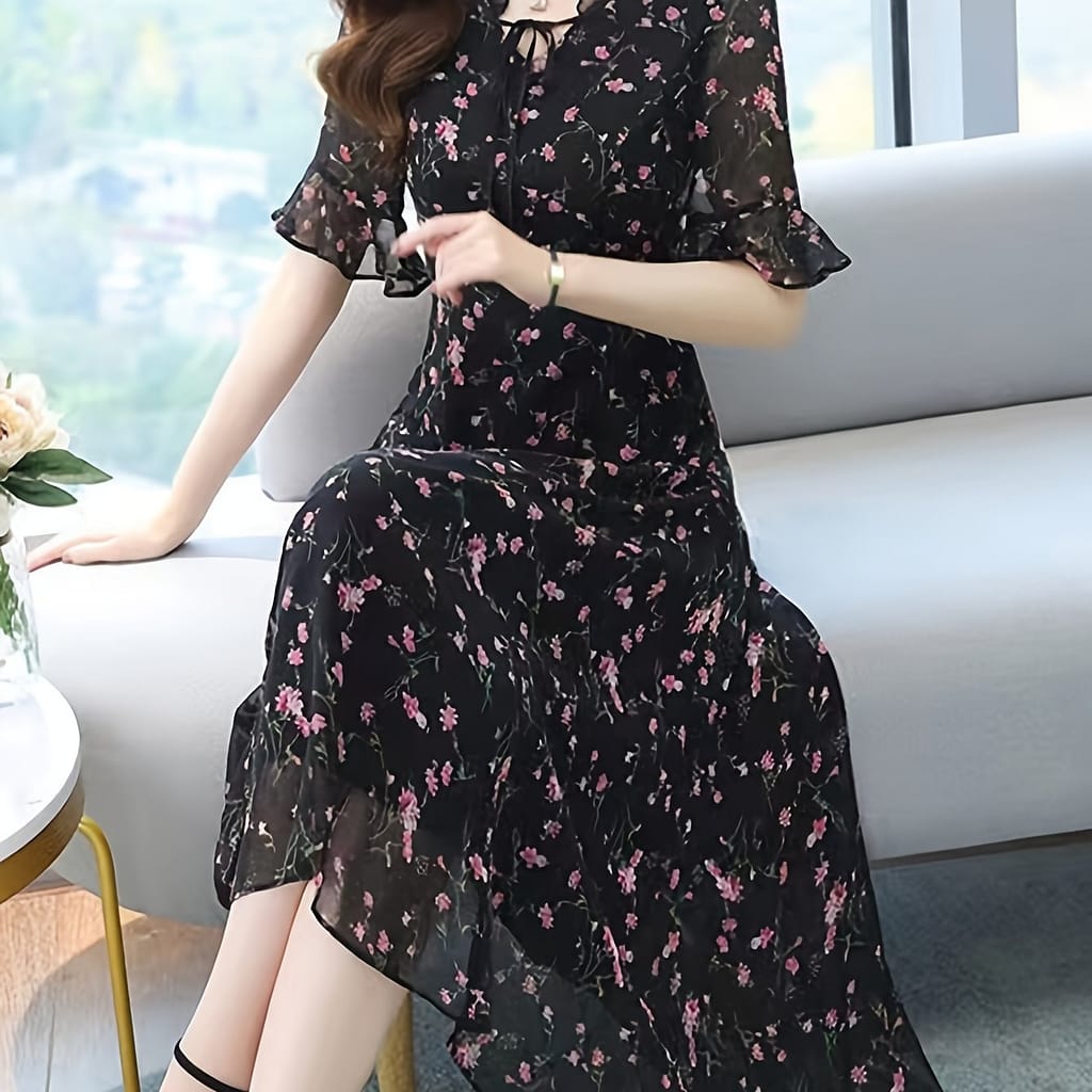 Floral Print Tie Neck Dress, Elegant Short Sleeve A-line Flowy Dress For , Women’s Clothing Clothing Shop Online at Dubai Trades 2