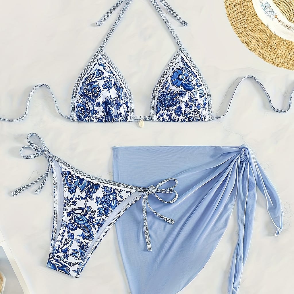 Floral Print Triangle Halter Tie Strap Backless Bikini With Cover Up 3 Piece Set Swimsuits, Women’s Swimwear & Clothing Bikinis Shop Online at Dubai Trades 2