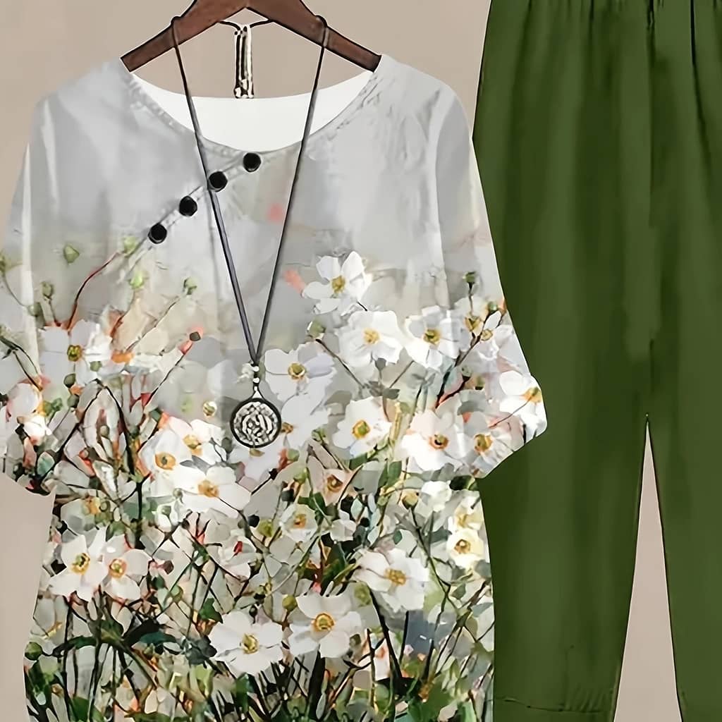 Floral Print Two-piece Pants Set, Casual Half Sleeve Crew Neck Top & Solid Elastic Waist Tulip Hem Pants Outfits For Spring, Women’s Clothing Clothing Shop Online at Dubai Trades 2