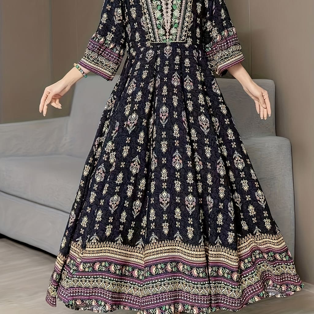 Floral Print V Neck Dress, Elegant Long Sleeve Belted A-line Flowy Dress For Spring & Fall, Women’s Clothing Clothing Shop Online at Dubai Trades 2