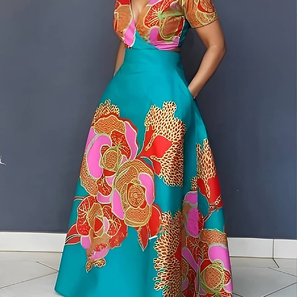 Floral Print V Neck Dress, Elegant Short Sleeve A-line Flowy Dress For , Women’s Clothing Clothing Shop Online at Dubai Trades 2
