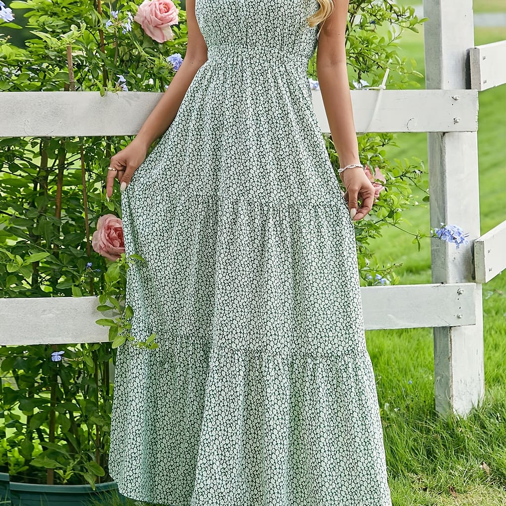 Floral Print V Neck Maxi Dress, Elegant Sleeve Ruffle Hem Dress For , Women’s Clothing Clothing Shop Online at Dubai Trades 2