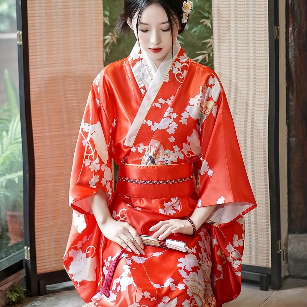 Floral Print Wrap Belt Kimono, Japanese Traditional Long Sleeve Mid Calf Kimono, Women’s Clothing Asian Shop Online at Dubai Trades 2