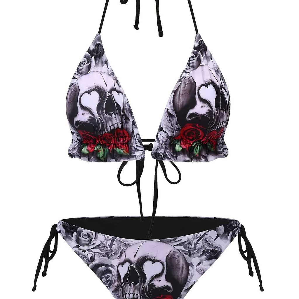 Floral Skull Print Bikini Set, High Stretch Polyester And Spandex Knit Fabric, Strapless Lace-up Swimwear, 82% Polyester 18% Spandex, 200g/m² Weight, Beachwear For Women Bikinis Shop Online at Dubai Trades 2
