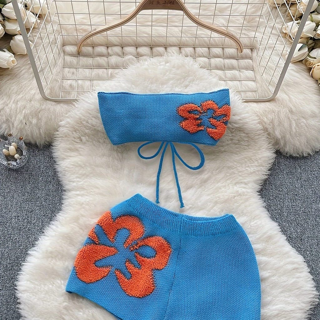 Floral Summer Sexy Knit 2 Piece Set, Backless Crop Tube Top & High Waist Shorts Outfits, Women’s Clothing Clothing Shop Online at Dubai Trades 2