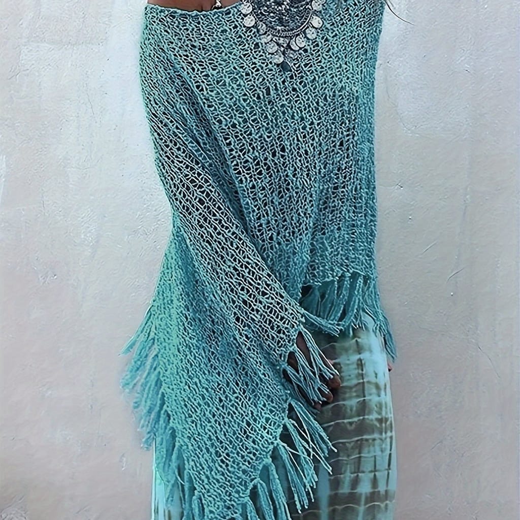 Fringe Hem Boat Neck Sweater, Vacation Hollow Out Cape Sleeve Hem Cover Up For Spring & Fall, Women’s Clothing Clothing Shop Online at Dubai Trades 2