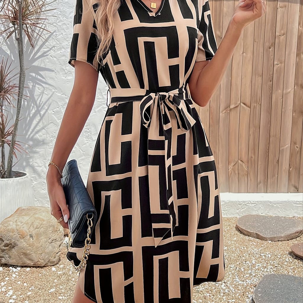 Geo Print Notched Neck Dress, Elegant Short Sleeve Belted Dress For , Women’s Clothing Clothing Shop Online at Dubai Trades 2