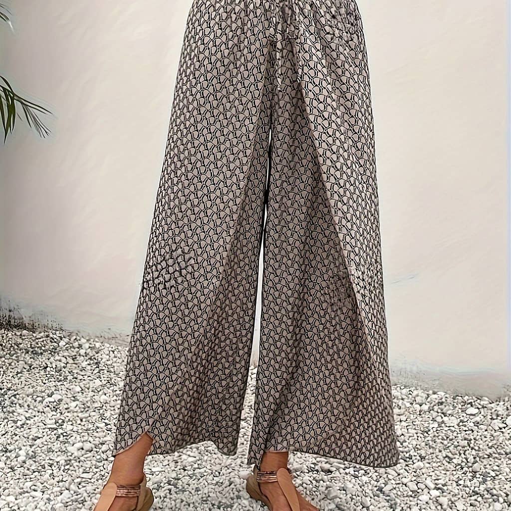 Geometrical Pattern Print Wide Leg Pants, Elegant Drawstring Shirred Waist Split Thigh Loose Pants For , Women’s Clothing Clothing Shop Online at Dubai Trades 2