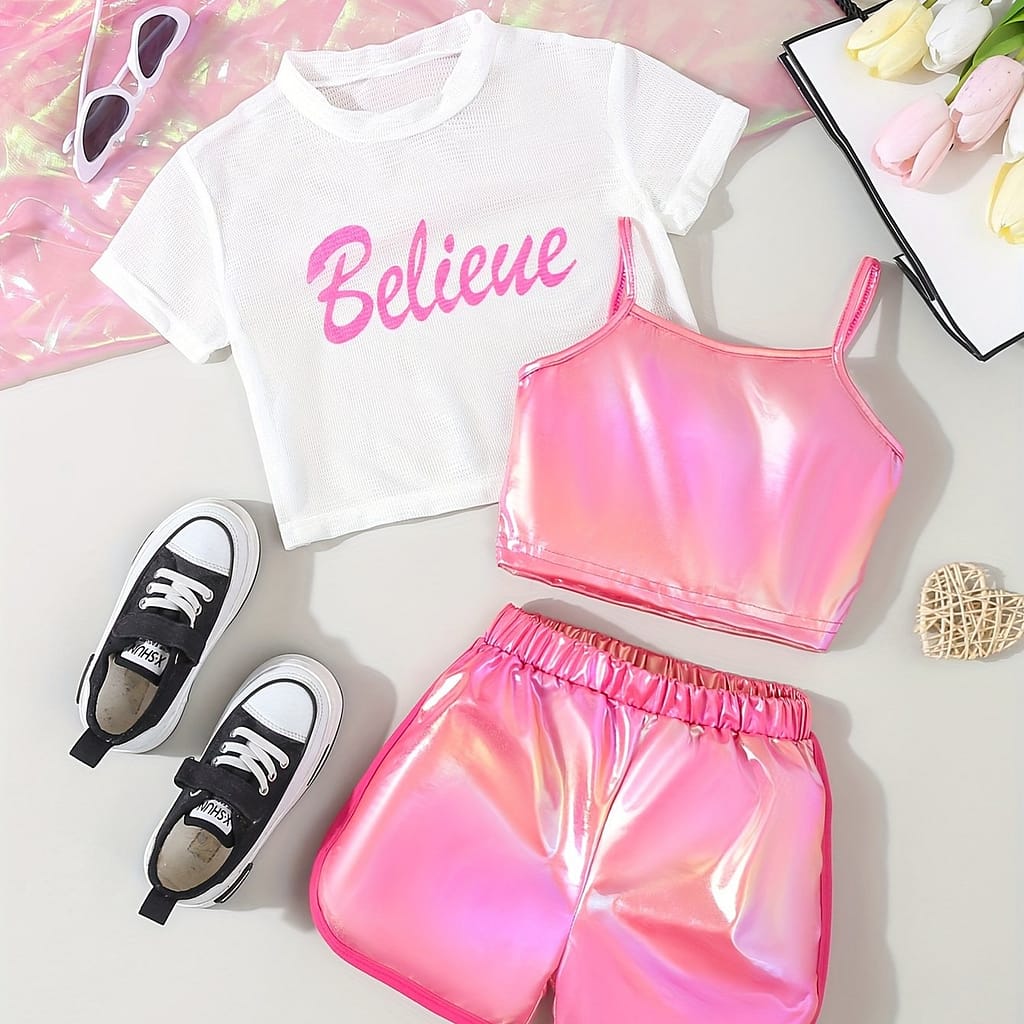 Girls’ 3pcs Summer Fashion Set: Fishnet Letter Print Tee, Fluorescent Crop Cami & Casual Shorts – Stretchy Knit Fabric, Machine Washable, Outdoor Clothing Shop Online at Dubai Trades 2