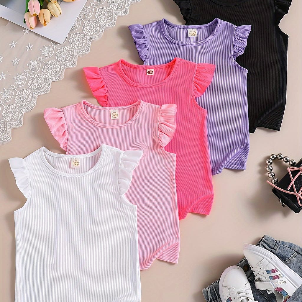 Girls’ 5pcs/set Casual & Trendy Solid Colored Flutter Sleeve T-shirts For , Girls’ Ribbed Clothes For Outdoor Activities Clothing Shop Online at Dubai Trades 2