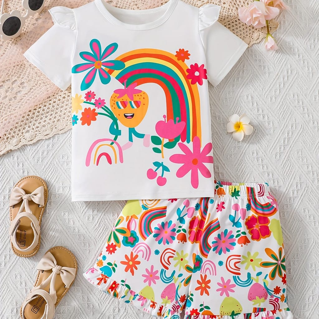 Girls’ Summer Fashion 2pcs Set: Cartoon Fashion Glasses & Strawberry Print T-shirt With Graffiti Shorts – Machine Washable, Stretch Fabric, Outdoor Clothing Shop Online at Dubai Trades 2