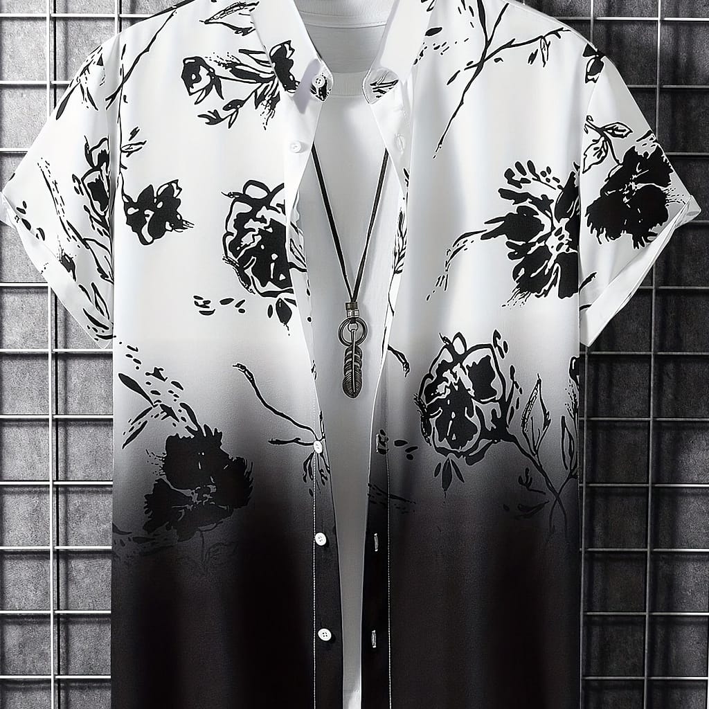 Gradient Pattern Men’s Short Sleeve Button Up Lapel Shirt For Holiday, Hawaiian Style Button-Down Shirts Shop Online at Dubai Trades 2